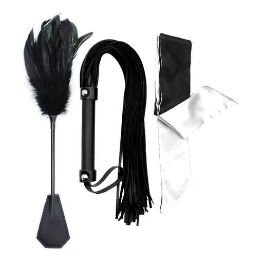 KIT LÁTIGO DE CUERO SINTÉTICO, ANTIFAZ Y PLUMAS