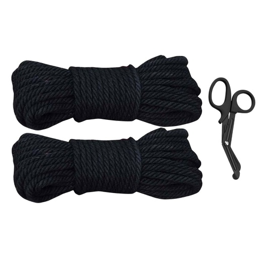 KIT DE CUERDAS NEGRAS DE YUTE PARA BDSM 10 CM C/U CON TIJERAS DE SEGURIDAD