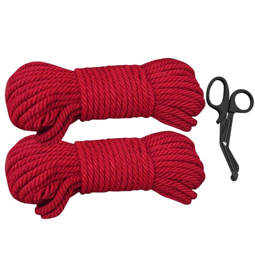 KIT DE CUERDAS ROJAS DE YUTE PARA BDSM 10 CM C/U CON TIJERAS DE SEGURIDAD