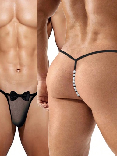 TANGA MISTER NEGRA CON PERLAS Y LAZO